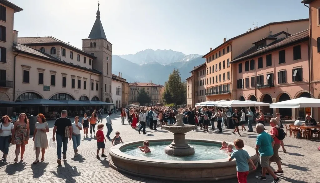 A serene town square in Bellinzona, Switzerland, on a sunny day. In the foreground, families stroll along cobblestone paths, stopping to admire the Renaissance-era architecture of the Castelgrande. Children play in a charming fountain, their laughter echoing through the piazza. In the middle ground, a band performs lively folk music, drawing a crowd of locals and visitors. In the background, the majestic Swiss Alps tower, their snow-capped peaks framing the scene. Warm lighting bathes the entire setting, creating a welcoming and family-friendly atmosphere.