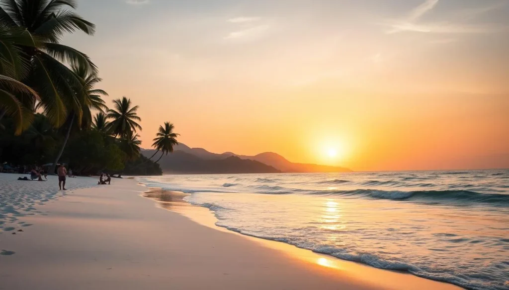 A serene tropical beach on the idyllic Koh Rong Samloem island, Cambodia. The sun sinks low on the horizon, painting the sky in a warm, golden glow. Gentle waves lap against the pristine white sand, as swaying palm trees cast long shadows across the shore. In the foreground, a few beachgoers enjoy the tranquil setting, while the middle ground reveals a picturesque vista of the island's lush, untouched terrain. The background is framed by a majestic mountain range, its peaks silhouetted against the vibrant sunset. Soft, natural lighting illuminates the scene, creating a peaceful, picturesque atmosphere.