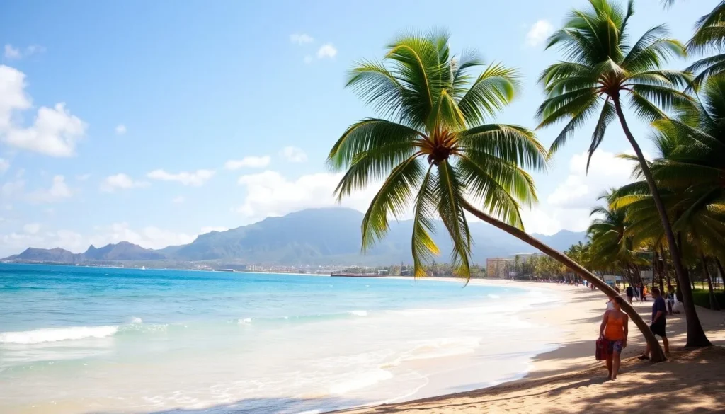 A serene tropical beach scene at Fort DeRussy Beach Park, Oahu, Hawaii. Gentle waves caress the golden sand, framed by lush palm trees swaying in the warm breeze. Sunlight dances on the clear turquoise waters, inviting beachgoers to bask in the tranquil atmosphere. In the distance, the iconic volcanic peaks of the Koolau mountain range provide a majestic backdrop. People stroll along the beachfront promenade, enjoying the laid-back island lifestyle. The scene exudes a sense of relaxation and natural beauty, capturing the essence of this picturesque Hawaiian destination.