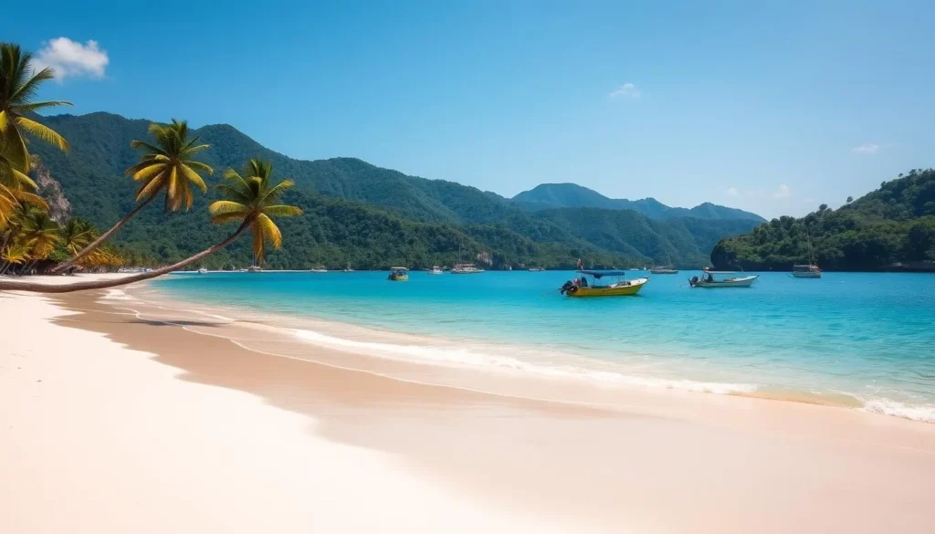 A serene tropical paradise, Con Dao Island shines under the warm sun. Pristine white-sand beaches caress the turquoise waters of the South China Sea, while lush, verdant hills rise in the background. Swaying palm trees cast gentle shadows, and colorful local boats dot the horizon. The scene exudes a sense of tranquility and natural beauty, perfectly capturing the essence of Vietnam's hidden gem. Capture the island's seasonal allure with a wide-angle lens, showcasing the harmonious interplay of land, sea, and sky in soft, diffused lighting.