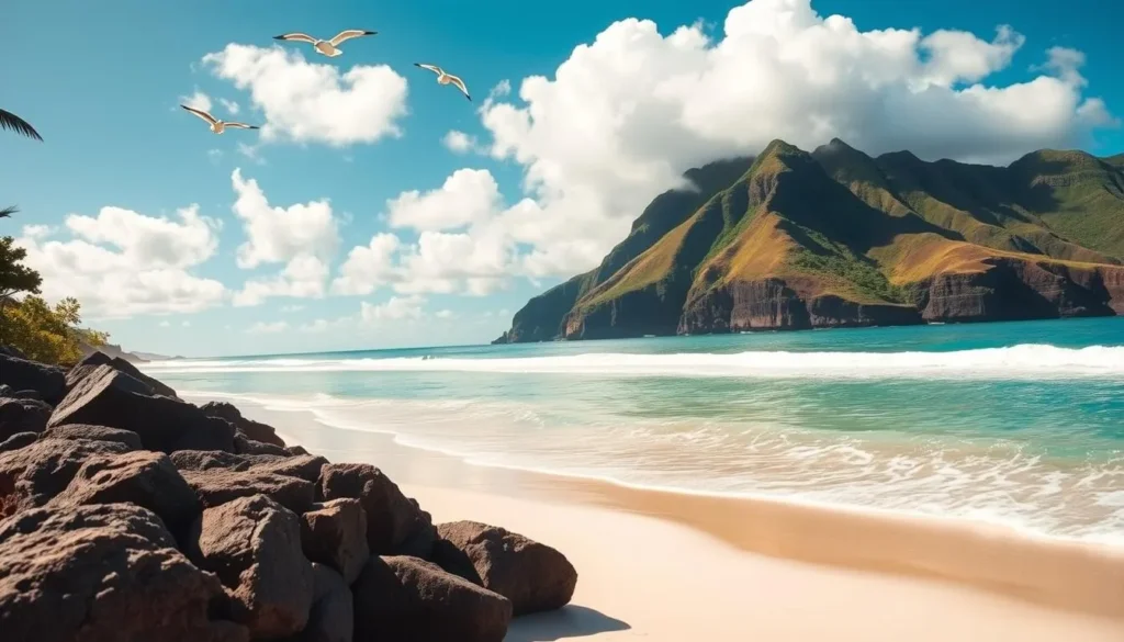 A serene tropical paradise, Kepuhi Beach on the island of Molokai, Hawaii. Glistening white sand stretches out under a clear, azure sky, dotted with fluffy white clouds. Gentle waves lap at the shore, their soothing rhythm punctuated by the calls of seabirds soaring overhead. In the distance, lush, verdant cliffs rise up, their slopes draped in lush foliage. Warm, golden sunlight bathes the entire scene, creating a tranquil, inviting atmosphere. A picturesque, postcard-worthy tropical oasis, perfect for a relaxing day of swimming, sunbathing, and taking in the stunning natural beauty of this idyllic Hawaiian locale.