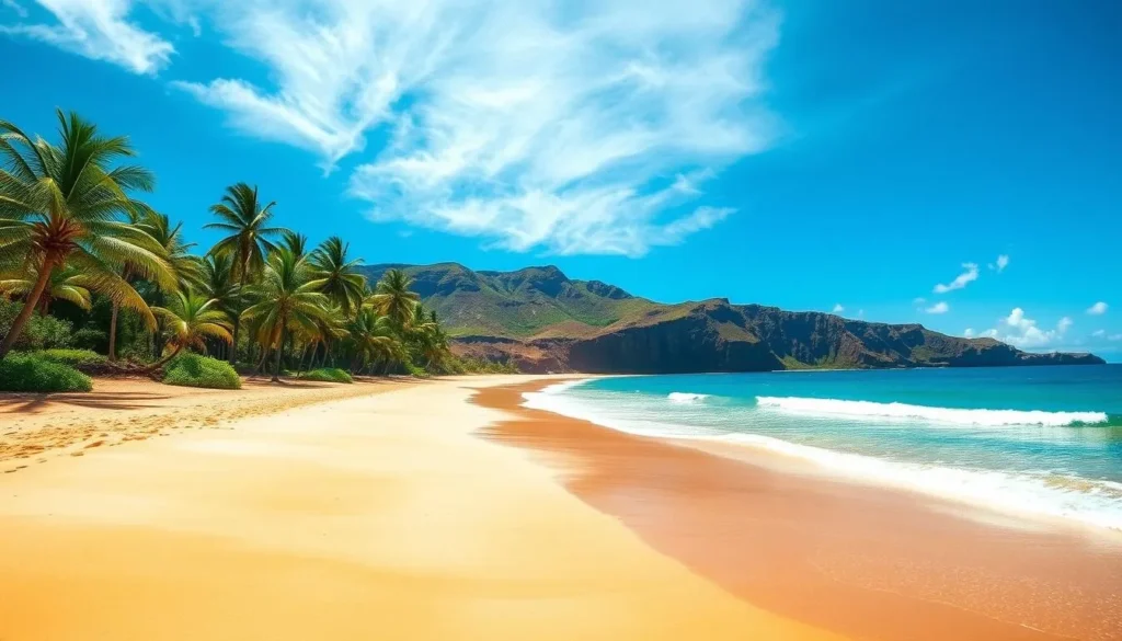 A serene tropical paradise, Polihua Beach on the island of Lanai, Hawaii. Pristine golden sands stretch out beneath a clear blue sky, with gentle waves lapping at the shore. Lush palm trees sway in the gentle breeze, casting dappled shadows across the beach. In the distance, rugged cliffs rise up, framing the tranquil scene. Bask in the warm sunshine, explore tide pools teeming with marine life, and enjoy the peaceful solitude of this secluded Hawaiian oasis.