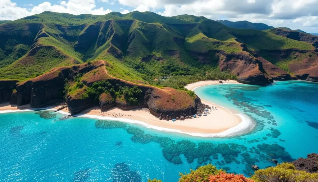 A serene tropical paradise nestled in the lush hills of Oahu, Hanauma Bay Nature Preserve showcases the breathtaking beauty of Hawaii's marine ecosystem. Set against a backdrop of verdant cliffs, the crescent-shaped bay sparkles with turquoise waters, inviting visitors to bask in the warm sunshine and explore the vibrant coral reefs teeming with colorful fish. Capture the tranquil atmosphere with a wide-angle lens, highlighting the gentle waves lapping against the pristine white sand beach. Emphasize the lush foliage surrounding the bay, creating a sense of seclusion and harmony with nature. Convey the awe-inspiring scale of the landscape through a high camera angle, showcasing the dramatic scale of the towering headlands framing the serene cove. Imbue the scene with a sense of peaceful exploration, encouraging the viewer to imagine swimming amongst the vibrant marine life beneath the crystal-clear surface.