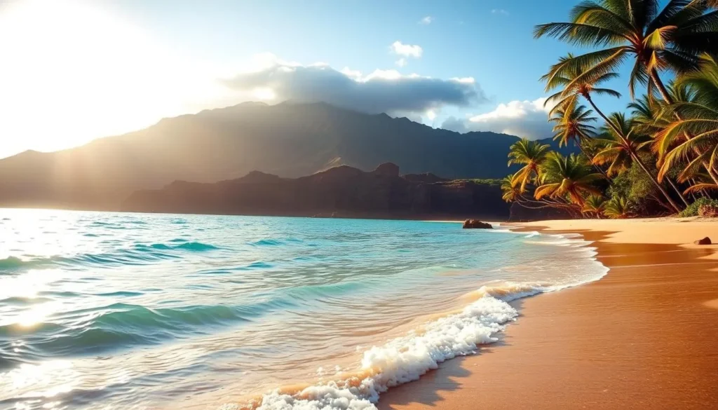 A serene tropical paradise on the Big Island, Hawaii. Crystalline turquoise waters caress pristine golden sand beaches, framed by lush verdant cliffs and swaying palm trees. The sun's warm rays dance across the gentle waves, casting a shimmering glow. In the distance, volcanic peaks rise majestically, creating a dramatic backdrop. A gentle ocean breeze whispers through the air, infusing the scene with a sense of tranquility. Capture the essence of the Big Island's stunning natural beauty, showcasing its breathtaking beaches in all their glory, illuminated by natural, soft lighting.