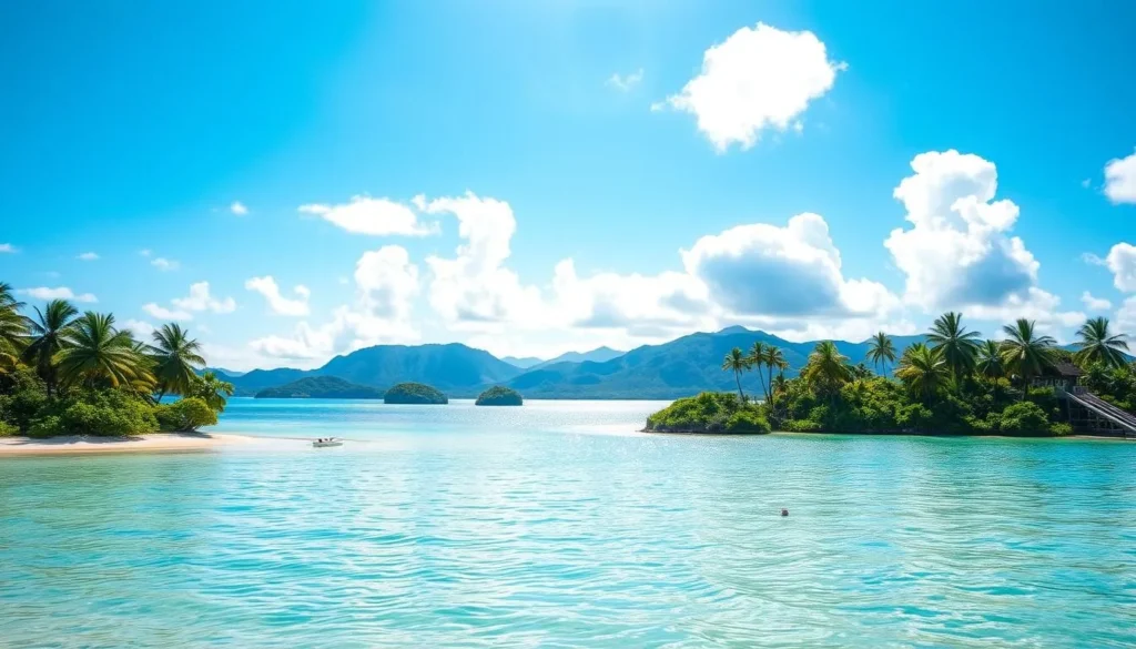 A serene tropical paradise with a cluster of lush, verdant islands dotting the azure waters of a calm lagoon. Swaying palm trees line the white sandy beaches, casting gentle shadows across the scene. The sky is a brilliant azure, with fluffy white clouds drifting overhead. Sunlight dances across the gently lapping waves, creating a shimmering, reflective surface. In the distance, the silhouettes of mountainous landmasses rise up, creating a picturesque backdrop. The overall mood is one of tranquility, inviting the viewer to imagine themselves relaxing on the pristine shores, taking in the breathtaking natural beauty.