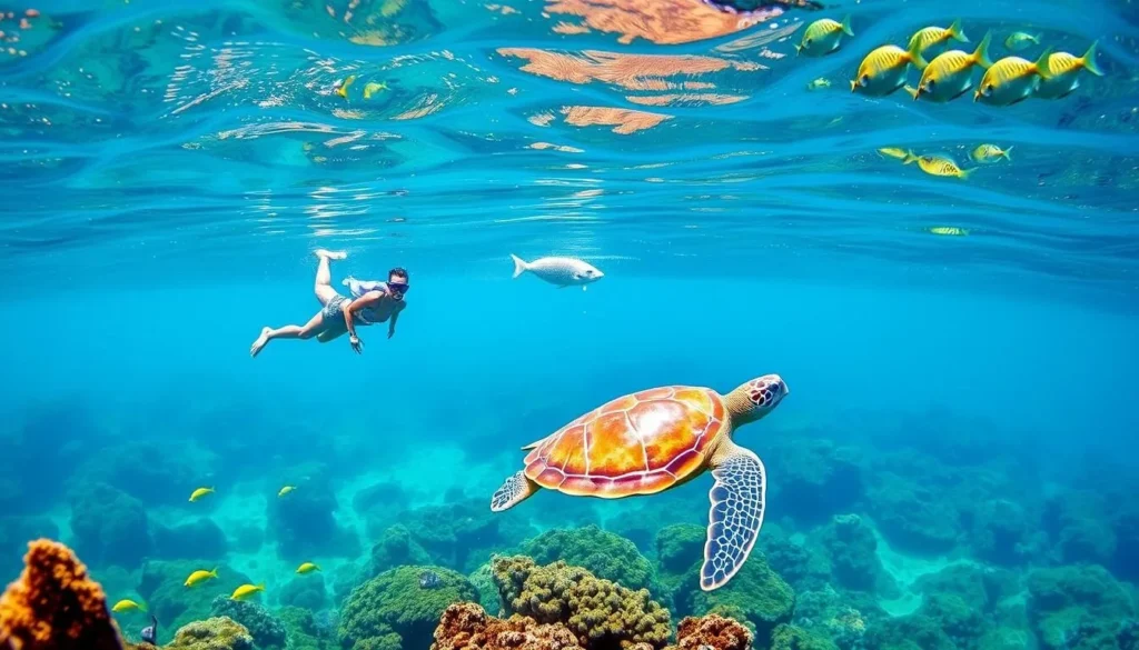 A serene underwater scene at Napili Bay Beach, Maui. A snorkeler drifts peacefully through crystal-clear turquoise waters, surrounded by a vibrant coral reef. In the foreground, a graceful sea turtle glides effortlessly, its shell gleaming in the dappled sunlight that filters through the surface. The middle ground reveals a vibrant array of tropical fish, their scales shimmering in hues of yellow, blue, and orange. In the distance, the lush, verdant slopes of the Hawaiian mountains rise up, creating a stunning backdrop. The overall mood is one of tranquility and wonder, inviting the viewer to immerse themselves in the natural beauty of this idyllic Hawaiian setting.