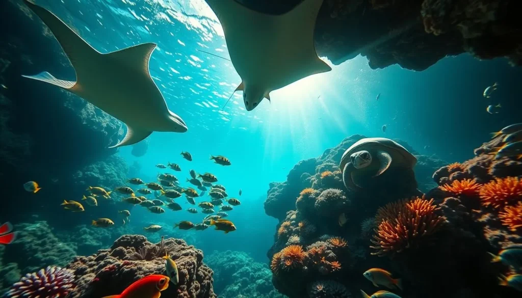 A serene underwater scene in Kealakekua Bay, Hawaii. Rays, turtles, and vibrant tropical fish swimming amidst lush coral formations. Warm sunlight filters through the crystal-clear waters, illuminating the diverse marine life. In the foreground, a school of colorful parrotfish gracefully glides by. In the middle ground, a curious sea turtle emerges from a crevice, its shell reflecting the dappled light. The background reveals a tapestry of swaying sea fans and anemones, creating a mesmerizing, tranquil atmosphere. Captured with a wide-angle, high-resolution lens to showcase the breathtaking beauty and abundance of this renowned snorkeling destination.