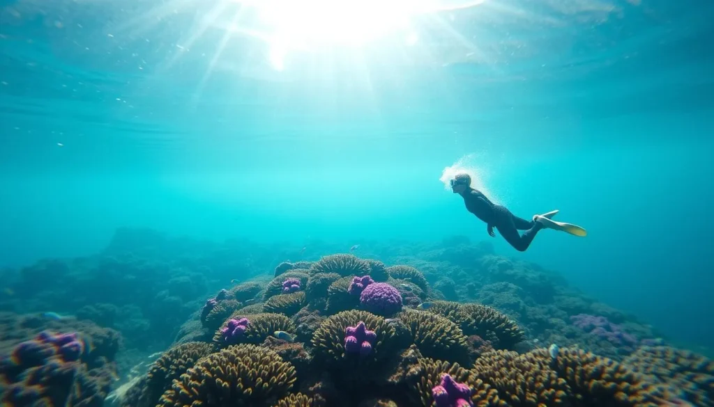 A serene underwater scene in Makena Cove, Maui. Sunlight filters through the crystal-clear waters, illuminating a vibrant coral reef teeming with colorful marine life. A snorkeler, clad in a wetsuit, glides effortlessly through the tranquil depths, gazing in wonder at the captivating underwater world. The soft, muted tones of the environment create a calming atmosphere, inviting the viewer to experience the hidden beauty of this lesser-known Hawaiian beach treasure.