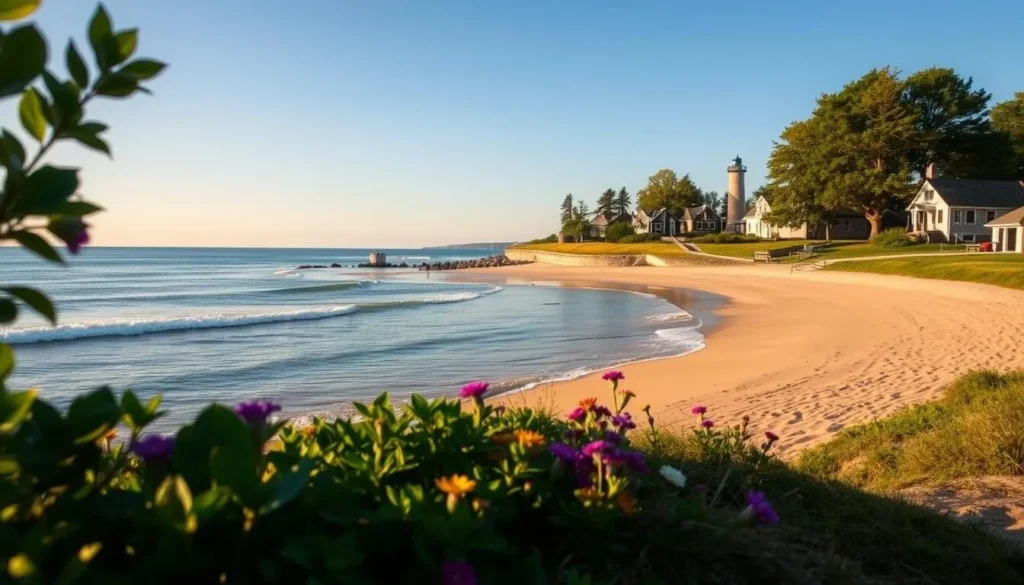 A serene vista of Lake Erie's picturesque shoreline, with gentle waves lapping against the sandy beach. In the foreground, lush green foliage and vibrant wildflowers frame the scene, inviting exploration. The middle ground features a quaint coastal town, with charming houses and a historic lighthouse standing tall. Bathed in warm, golden sunlight, the background showcases the vast expanse of the lake, its horizon meeting the clear, azure sky. The overall atmosphere exudes a sense of tranquility and coastal charm, perfectly capturing the essence of Lake Erie's captivating shores.