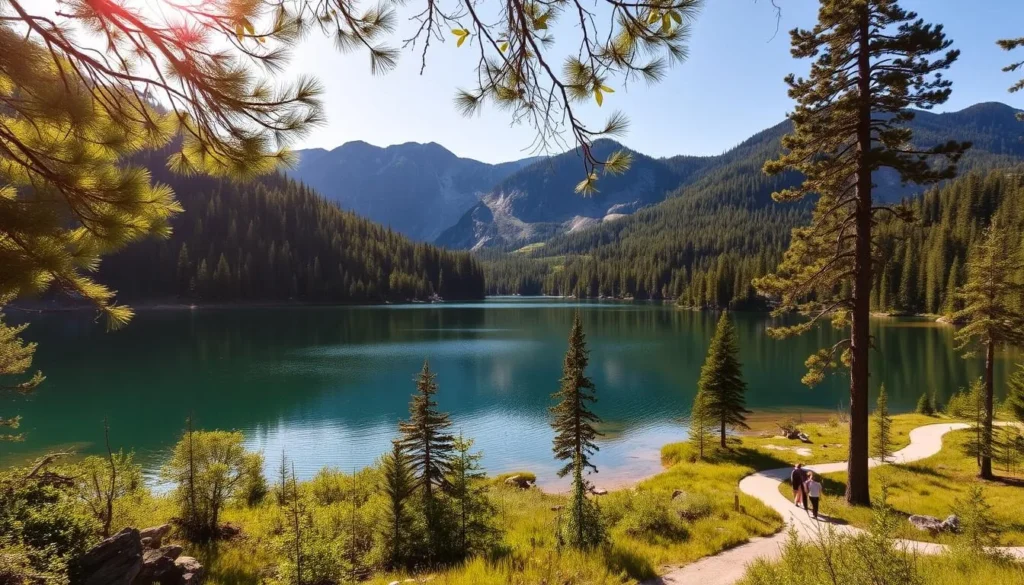 A serene vista of Loon Lake nestled amidst the verdant forests and rugged mountains of the El Dorado region. In the foreground, the calm, crystal-clear waters reflect the majestic peaks and lush greenery surrounding the lake. Visitors can be seen enjoying kayaking, fishing, or simply relaxing on the shore. The middle ground features a well-maintained hiking trail winding through the picturesque landscape, inviting exploration of the nearby natural wonders. In the background, towering pines and firs frame the scene, casting soft, dappled shadows over the tranquil setting. Warm, golden sunlight filters through the leaves, creating a serene and inviting atmosphere perfect for a day of outdoor adventure and relaxation.