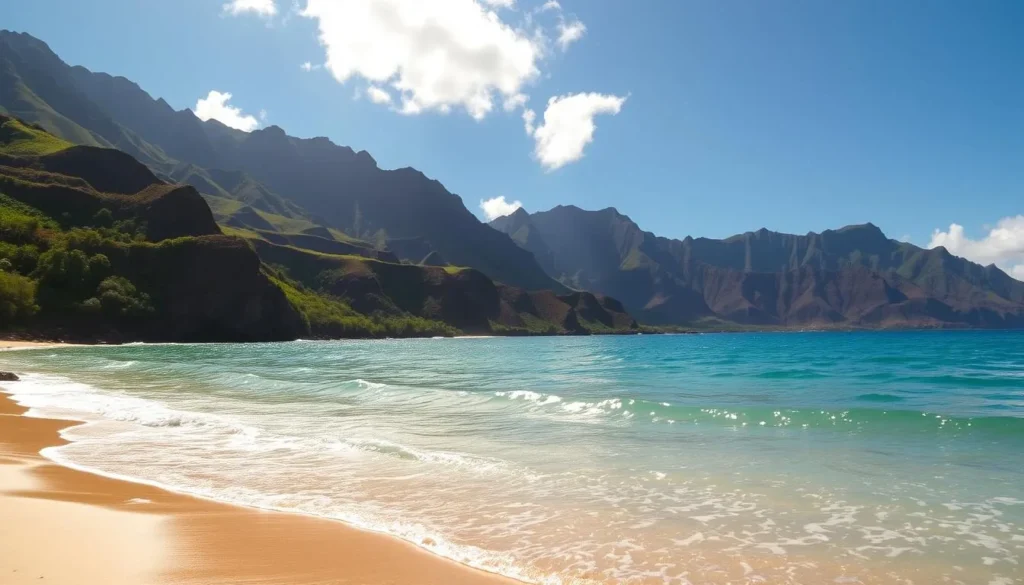 A serene vista of Mākua Beach, Oahu, Hawaii, on a picturesque day. In the foreground, sun-dappled turquoise waters lap gently against the soft, golden sand. Lush, verdant cliffs rise in the middle ground, their slopes dotted with vibrant tropical foliage. In the distance, the silhouettes of majestic mountain peaks frame the horizon, their rugged contours bathed in warm, diffused sunlight. The scene exudes a sense of tranquility and natural splendor, inviting the viewer to immerse themselves in the breathtaking beauty of this Hawaiian coastal paradise.