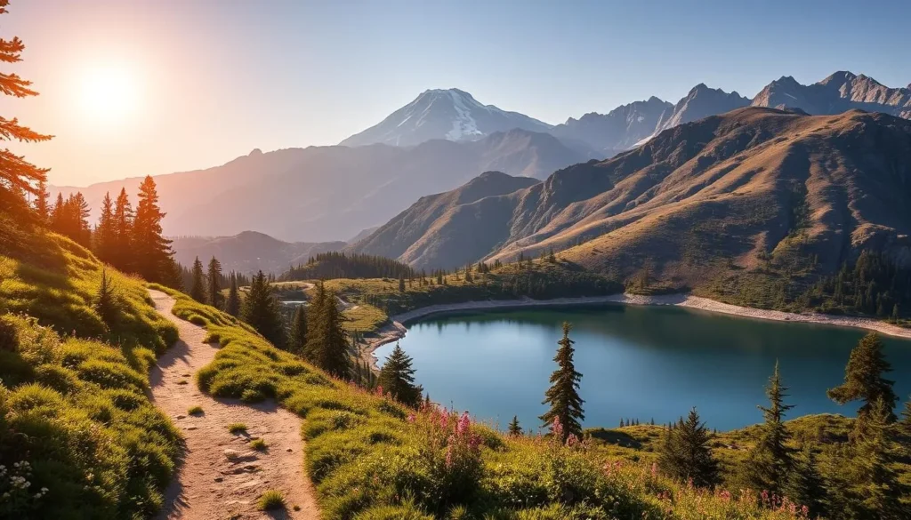 A serene vista of Mount Baldy's iconic snow-capped peak, captured under a warm, golden sun. In the foreground, a well-trodden hiking trail winds through lush, verdant foliage, inviting adventurers to explore the mountainous terrain. The middle ground features a crystal-clear alpine lake, its calm surface mirroring the majestic slopes and vibrant wildflowers that dot the landscape. In the distance, the rugged, jagged ridges of the San Gabriel Mountains create a dramatic backdrop, setting the stage for a breathtaking outdoor excursion. Capture the essence of this picturesque hike with a sense of tranquility and natural wonder.