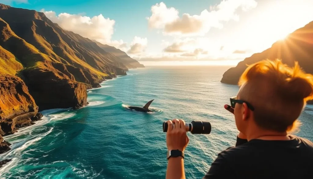 A serene vista of Pololū Valley on the Kohala Coast of Hawai'i's Big Island, with a majestic humpback whale breaching the azure waters in the middle ground. The sun casts a warm, golden glow over the lush, verdant cliffs and the gently crashing waves below. In the foreground, a pair of whale watchers, awestruck, observe the magnificent display of nature through high-powered binoculars. The scene is captured with a wide-angle lens, accentuating the dramatic scale and grandeur of this remarkable Hawaiian landscape.
