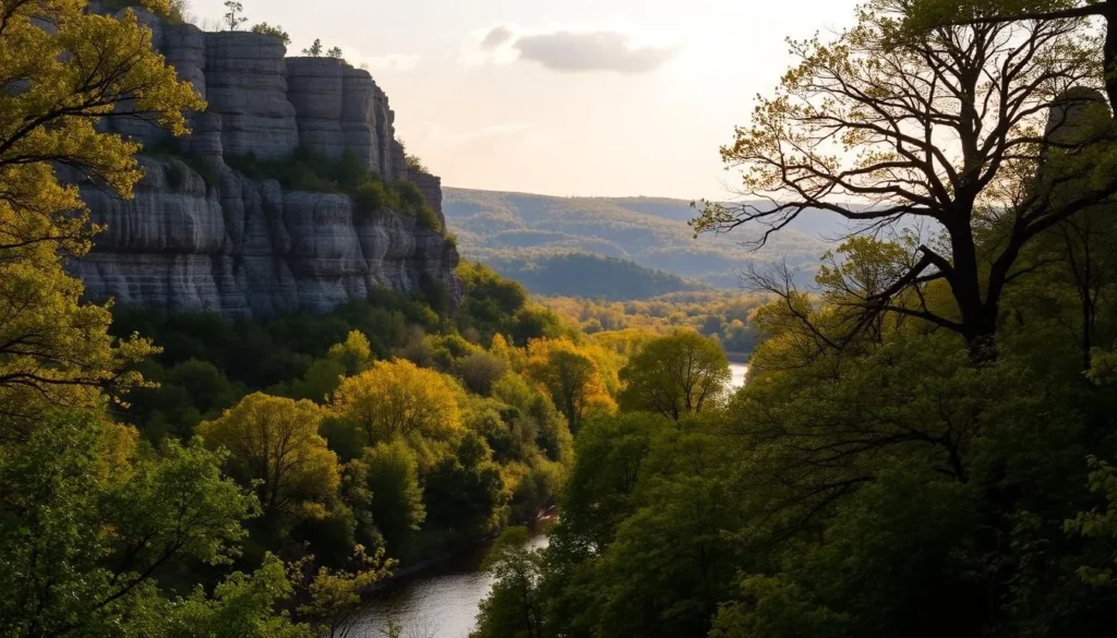 A serene vista of the Ozark National Scenic Riverways in Missouri. The foreground showcases a tranquil river winding through lush, verdant foliage. Towering limestone bluffs rise in the middle ground, their layered textures and shadows creating a dramatic backdrop. Dappled sunlight filters through the canopy of mature oak and hickory trees, casting a warm, golden glow over the scene. In the distance, rolling hills covered in a tapestry of autumn hues recede into the horizon. The overall atmosphere evokes a sense of peaceful exploration and natural wonder, perfectly capturing the essence of this exceptional national scenic riverway.