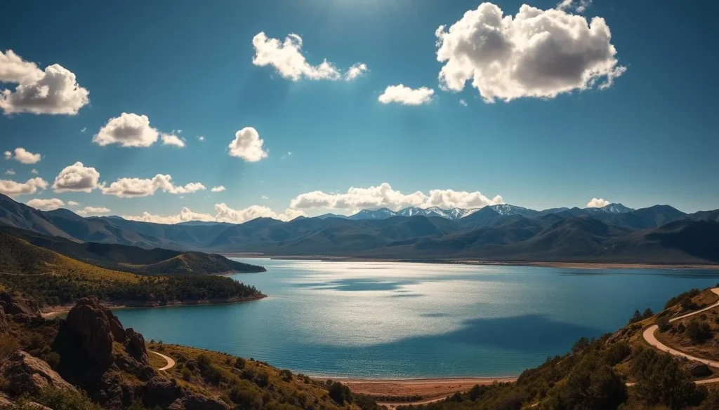 A serene vista of the San Gorgonio Pass Reservoir nestled amidst the majestic San Bernardino Mountains. In the foreground, the calm, shimmering waters reflect the surrounding peaks and lush, verdant shores. Puffy white clouds drift across a brilliant azure sky, casting soft, natural shadows over the scene. The middle ground features rugged, rocky outcroppings and winding trails, inviting exploration. In the distance, towering mountains rise, their snow-capped summits glowing in the warm, golden light of a perfect California day. Capture the tranquil beauty and outdoor splendor of this stunning natural oasis.