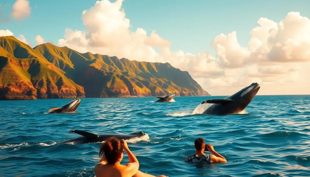 A serene whale watching scene off the coast of Molokai, Hawaii during the spring transition season. In the foreground, a pod of majestic humpback whales breach the calm, turquoise waters, their massive forms silhouetted against the warm, golden sunlight. In the middle ground, a small boat gently drifts, passengers eagerly observing the whales through high-quality camera lenses. The background features lush, verdant cliffs and a picturesque azure sky dotted with fluffy white clouds. The overall atmosphere is one of tranquility, wonder, and a connection to the natural rhythms of the Hawaiian islands.