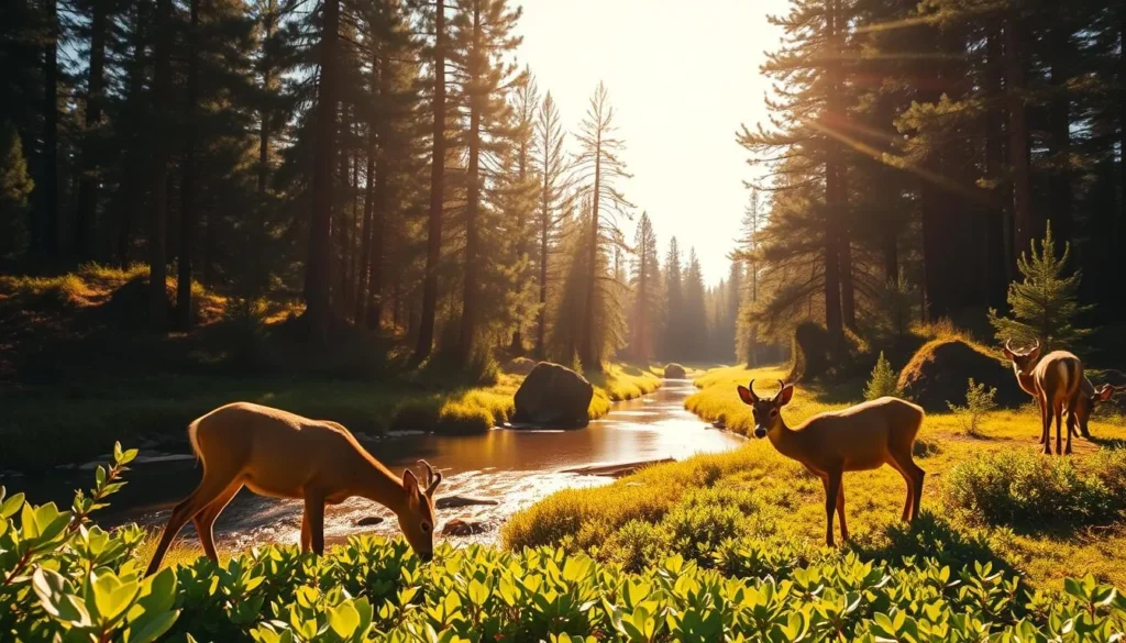 A serene wildlife viewing scene in the majestic Sierra Blanca. In the foreground, a pair of deer graze peacefully on lush, verdant foliage. The middle ground features a tranquil, babbling brook reflecting the bright, warm sunlight. In the background, towering pine trees sway gently in a soft breeze, creating a soothing, natural ambiance. The scene is bathed in a golden, golden-hour glow, evoking a sense of calm and wonder. Captured with a wide-angle lens to showcase the breathtaking landscape.