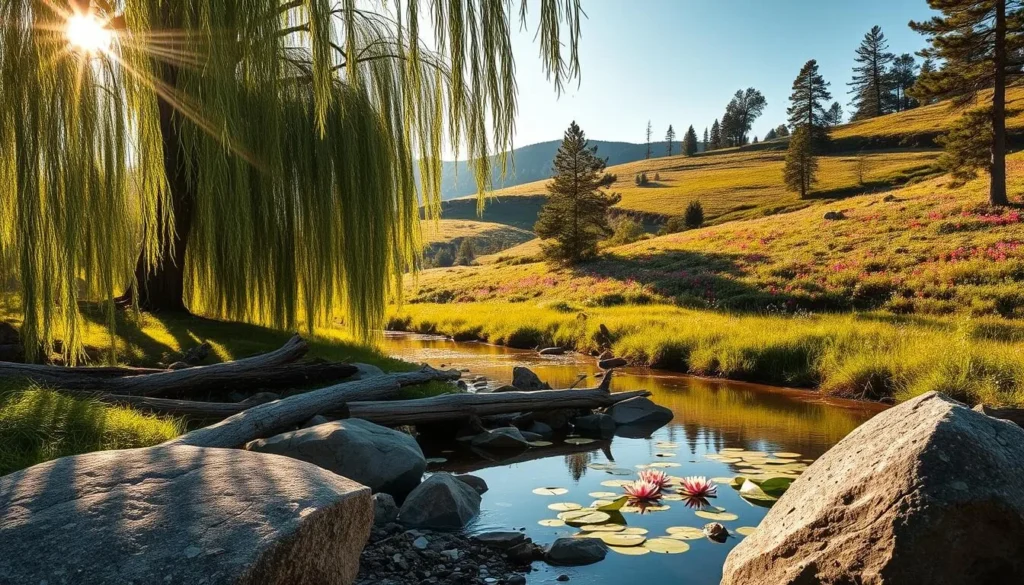 A serene willow-lined creek meanders through a lush, verdant landscape. Sunlight filters through the swaying branches, casting a warm, golden glow over the scene. In the foreground, large rocks and fallen logs create a natural pathway, inviting exploration. The middle ground features a tranquil pool where water lilies float gently on the surface. In the distance, rolling hills covered in vibrant wildflowers and towering pine trees form the backdrop, creating a picturesque nature sanctuary. The overall atmosphere is one of peaceful tranquility, perfect for nature lovers seeking a moment of respite.