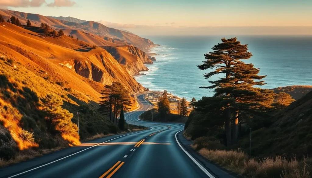 A serene, winding Highway 1 hugging the rugged California coastline, with the Pacific Ocean stretching out to the horizon. Dramatic cliffs and lush, rolling hills frame the scenic drive, bathed in warm, golden sunlight. Tall, swaying cypress trees dot the landscape, casting long shadows across the asphalt. In the distance, a small, picturesque coastal town nestled between the mountains and the sea. The scene exudes a tranquil, adventurous atmosphere, inviting the viewer to explore the natural beauty of this iconic California road trip.