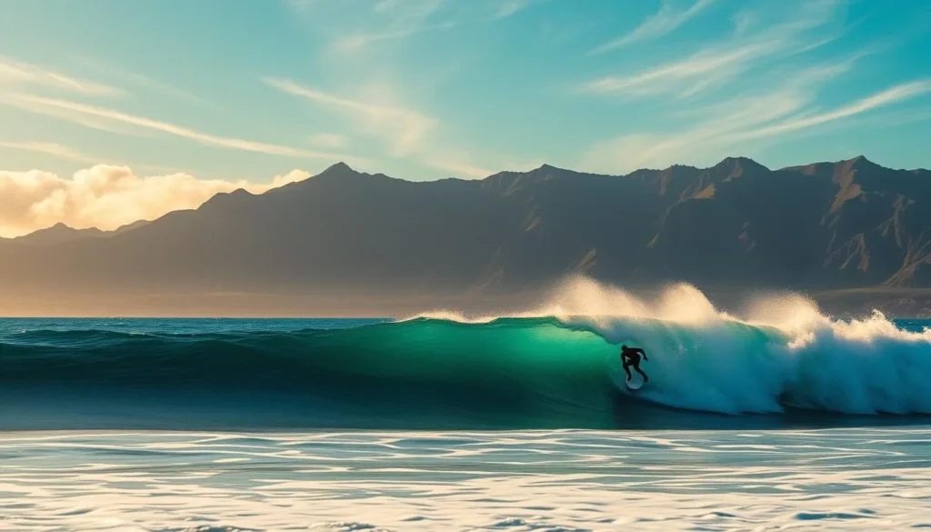A serene winter day on Oahu's North Shore, with glistening turquoise waves crashing against the volcanic black sand beach. In the foreground, a skilled surfer rides a towering swell, their graceful movements captured by a high-resolution telephoto lens. The middleground showcases the iconic green-capped mountains of the island, their slopes framing the scene. The background features a clear blue sky with wispy cirrus clouds, illuminated by warm, golden sunlight filtering through. The overall atmosphere evokes a sense of tranquility, power, and the pure joy of riding the waves in this renowned surf destination.