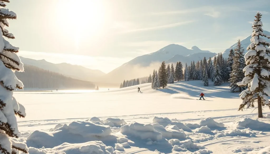 A serene winter landscape at Donner Lake, California. In the foreground, snow-covered pine trees and a frozen lake surface reflect the bright, crisp sunlight. Skiers and snowboarders carve through the pristine powder on the slopes in the middle ground, their dynamic movements captured in a sharp, cinematic frame. The background features majestic, snow-capped peaks of the Sierra Nevada mountain range, bathed in a warm, golden glow. The scene conveys a sense of tranquility and exhilaration, inviting the viewer to experience the joy of cold-weather adventures in this enchanting winter wonderland.