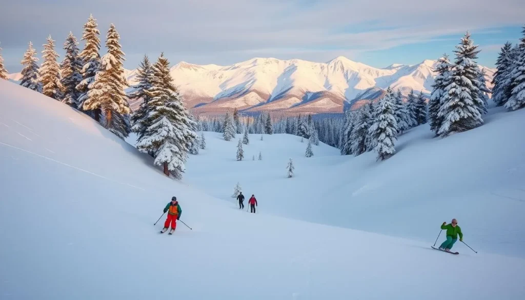 A serene winter landscape at Lake Tahoe, California, with skiers and snowboarders gliding down the powdery slopes of the Basin Mountains. In the foreground, skiers carve graceful turns, their colorful gear contrasting against the pristine white snow. The middle ground features a well-groomed ski run, flanked by towering pines blanketed in a fresh layer of snow. In the background, the majestic peaks of the Sierra Nevada mountains rise up, their snow-capped summits bathed in soft, warm light from the midday sun. The scene exudes a sense of tranquility and adventure, inviting viewers to imagine the thrill of carving turns on the slopes of this scenic winter wonderland.