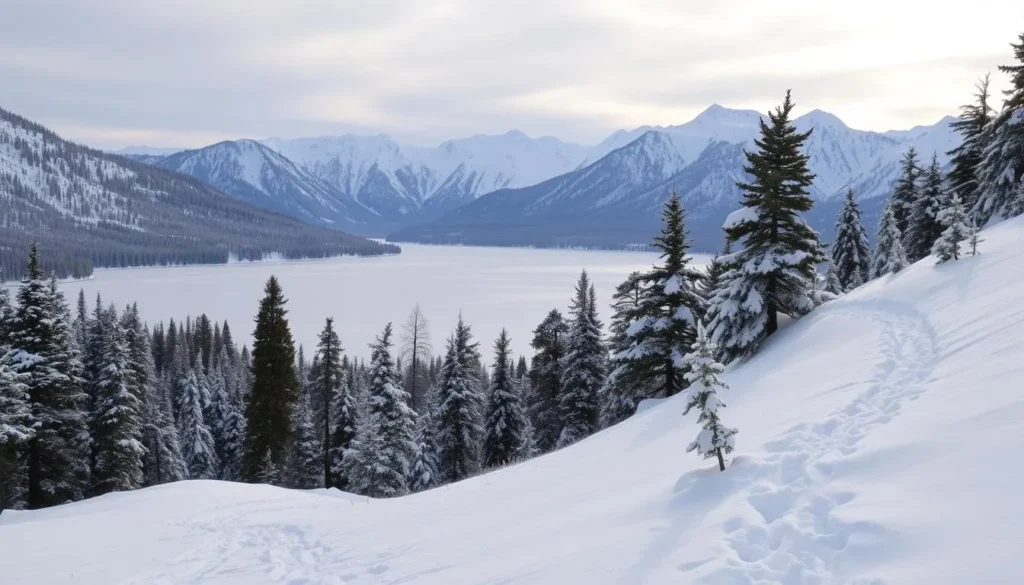 A serene winter landscape at Strawberry Reservoir, California. Pristine snow-covered trails wind through a picturesque coniferous forest, with the calm, frozen waters of the reservoir shimmering in the distance. Soft, diffused natural light filters through the overcast sky, casting a gentle glow over the scene. Towering snow-capped mountains rise majestically in the background, creating a breathtaking backdrop. Capture the tranquil, peaceful atmosphere of this idyllic winter wonderland, inviting viewers to experience the beauty of the great outdoors.