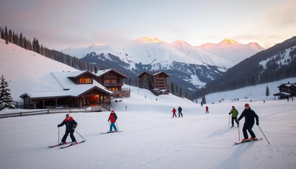 A serene winter landscape in Val-d'Isère, France, with skiers and snowboarders enjoying the pristine slopes. In the foreground, a group of friends on a budget-friendly ski trip glide effortlessly through the powdery snow. The middle ground features a cozy mountain lodge, its warm lights beckoning après-ski gatherings. In the background, the majestic peaks of the French Alps rise, their snow-capped summits bathed in the soft, golden light of the afternoon sun. The scene exudes a sense of tranquility and adventure, capturing the essence of a budget-friendly visit to this winter wonderland.