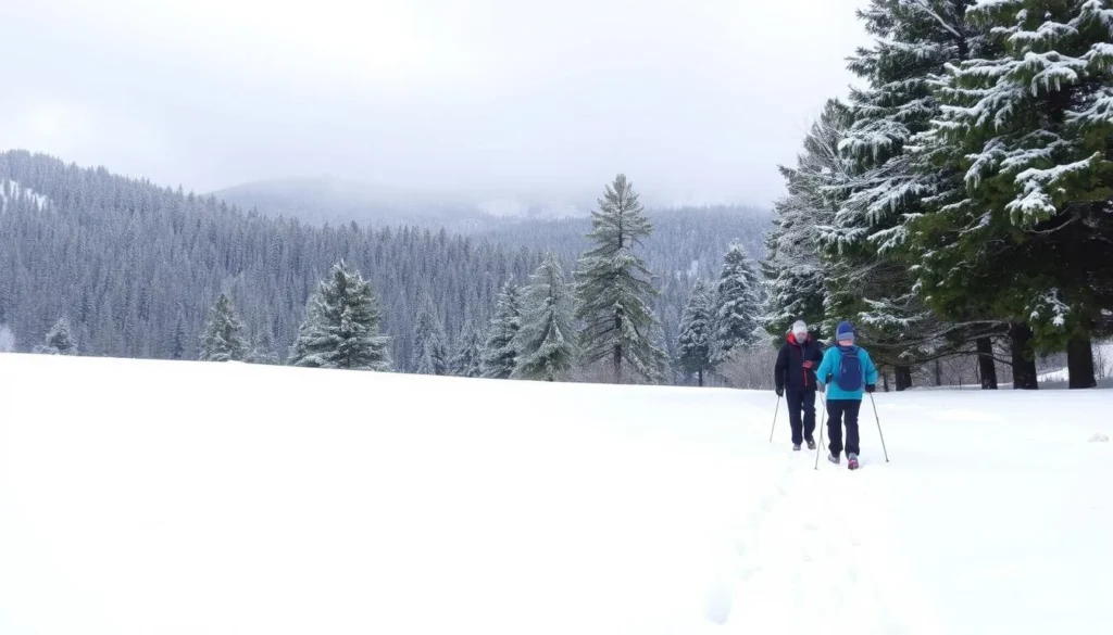 A serene winter landscape in the Al Shouf Cedar Nature Reserve, Lebanon. In the foreground, a pair of snowshoers trek through a pristine blanket of snow, their footprints leaving a trail across the powdery white surface. The mid-ground reveals a dense forest of towering cedar trees, their branches laden with glistening icicles. Beyond, the rolling hills are capped with a layer of fresh snow, bathed in the soft, diffused light of an overcast sky. The air is crisp and still, creating an atmosphere of tranquility and solitude, perfect for a peaceful seasonal activity in this beautiful natural haven.