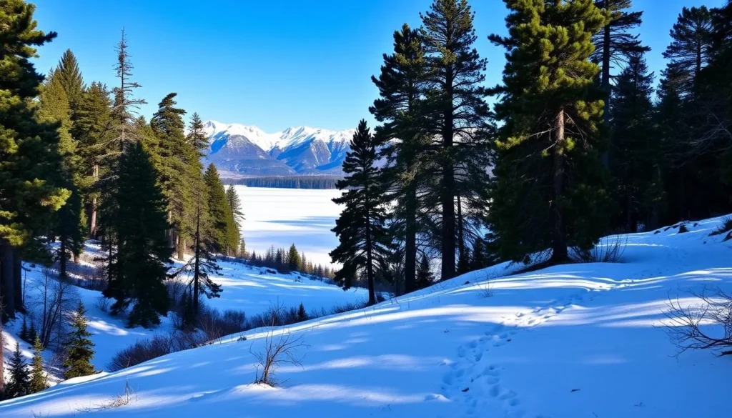 A serene winter landscape in the Chumash Wilderness, California. The foreground features a snow-covered trail winding through a dense forest of tall pine and oak trees. The middle ground showcases a frozen lake, its glassy surface reflecting the clear blue sky above. In the background, majestic snow-capped mountains rise, their peaks piercing the horizon. The scene is illuminated by soft, diffused natural lighting, creating a peaceful and tranquil atmosphere. The overall composition captures the rugged beauty and solitude of the Chumash Wilderness in the winter season.