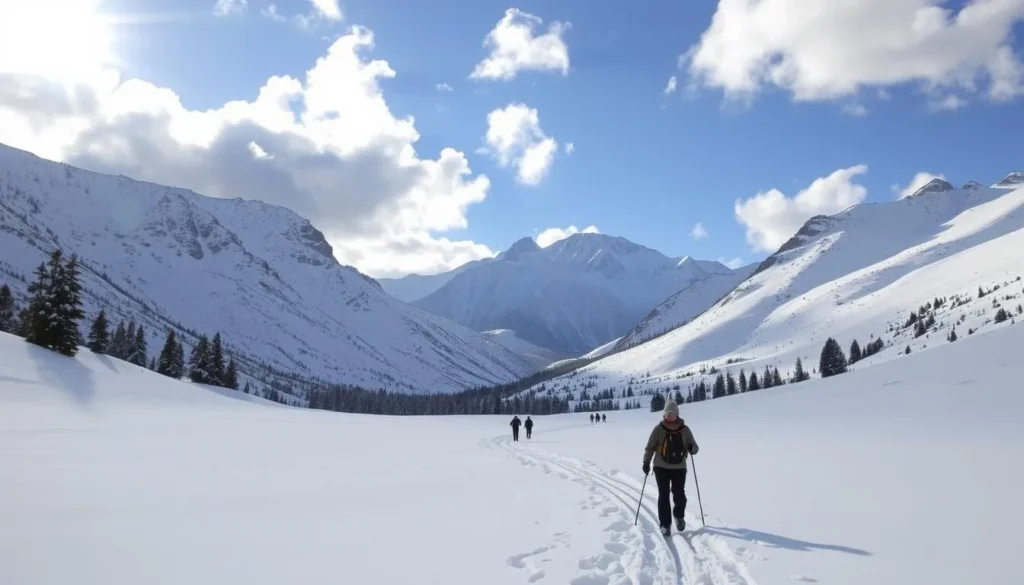 A serene winter landscape in the San Jacinto Mountains, California. Snowshoers trekking through a pristine, snow-covered trail, surrounded by towering peaks blanketed in glistening white. Sunlight filters through scattered clouds, casting a warm, natural glow across the scene. In the distance, a majestic mountain ridge rises, its rugged silhouette contrasting against the clear blue sky. The atmosphere is peaceful and tranquil, inviting viewers to experience the beauty and solitude of this picturesque winter wonderland.