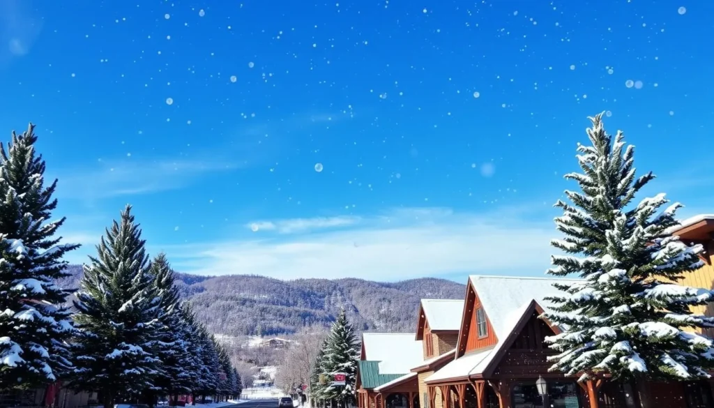 A serene winter wonderland in Branson, Missouri, where the town is blanketed in a soft, powdery snow. The scene captures the picturesque landscape, with towering pine trees lining the streets, their branches heavy with pristine white flakes. In the foreground, a quaint, charming building stands, its wooden facade and snow-capped roof evoking a cozy, quintessential Midwestern charm. The sky above is a vibrant, clear blue, bathing the scene in a crisp, natural light that highlights the intricate details of the snowflakes dancing in the air. The overall mood is one of tranquility and wonder, perfectly capturing the essence of a serene winter day in Branson.