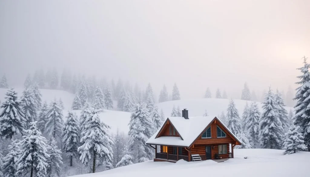 A serene winter wonderland in the Willamette Valley, Oregon. Picturesque snow-capped fir trees line the gently rolling hills, their branches laden with fresh powder. In the foreground, a cozy log cabin nestled amidst a blanket of pristine white, its warm glow from the fireplace visible through frosted windows. Snowflakes drift lazily in the crisp air, illuminated by soft, diffused sunlight filtering through overcast skies. The overall mood is one of tranquility, comfort, and holiday charm, perfectly capturing the essence of winter in this serene Oregon landscape.