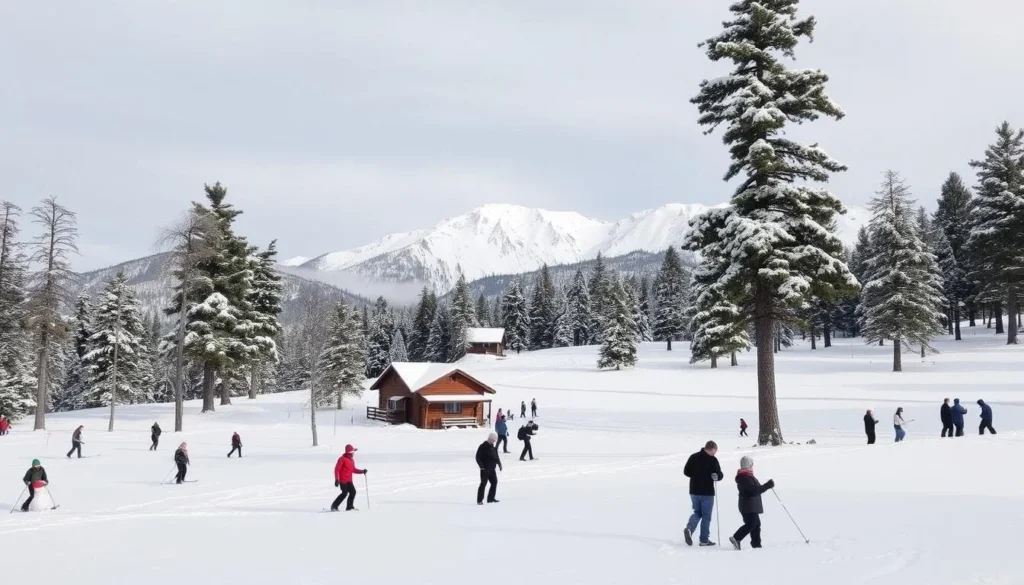A serene winter wonderland in the majestic Cerro Noroeste Range, California. A picturesque landscape blanketed in pristine white snow, with towering pine trees casting long, soft shadows. In the foreground, people engage in various snow activities - skiing down gentle slopes, building snowmen, and partaking in snowball fights. The middle ground features a cozy log cabin, its warm glow inviting explorers to take a break. In the distance, the rugged, snow-capped peaks of the Cerro Noroeste mountain range stand tall, bathed in the soft, diffused light of an overcast winter day. Capture the enchanting allure of this winter paradise, where nature's beauty and outdoor recreation seamlessly intertwine.