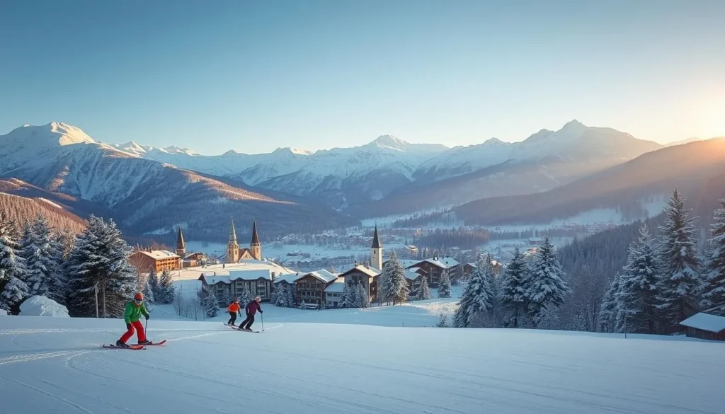 A serene winter wonderland in the stunning landscapes of Eastern Switzerland. In the foreground, a group of skiers gracefully carving turns down a pristine, snow-blanketed slope, their bright outfits contrasting against the crisp, blue sky. The middle ground reveals a quaint alpine village, with charming chalets and church steeples peeking through the thick, powdery snow. In the distance, the majestic peaks of the Swiss Alps rise majestically, their jagged silhouettes casting long shadows across the valley. The warm, golden light of the afternoon sun bathes the scene in a cozy, inviting glow, creating a serene and picturesque winter landscape.
