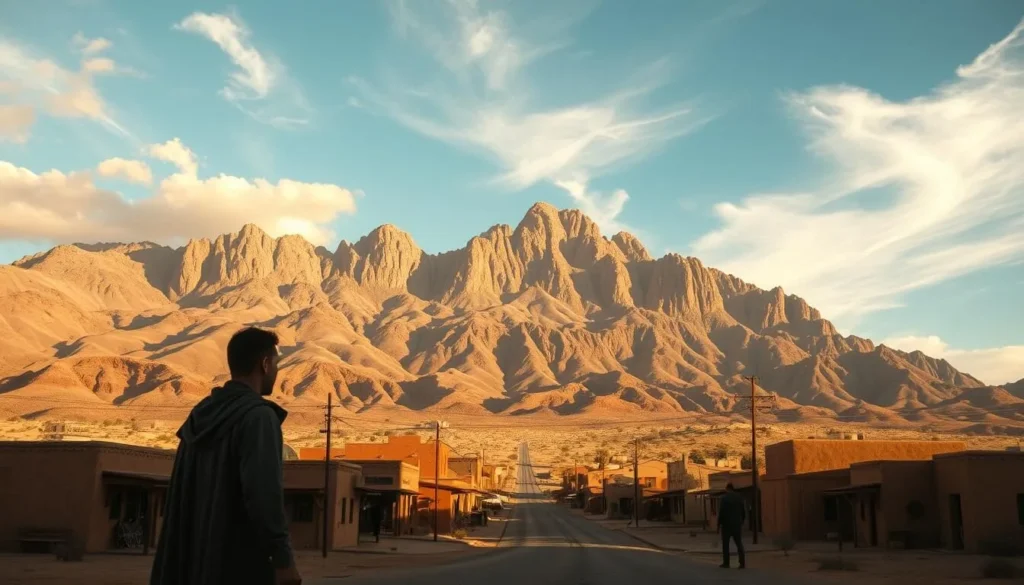 A small desert town nestled against a rugged mountain range, its sun-baked streets and adobe buildings speak of a history steeped in resilience. In the foreground, two figures stand facing each other, their expressions conveying a sense of weighty consequence. Sunlight filters through wispy clouds, casting a warm, contemplative glow over the scene. The middle ground features a lone road leading off into the distance, hinting at the broader context and the journey ahead. In the background, the towering peaks loom, their majestic presence a reminder of the enduring nature of truth and its far-reaching impact.