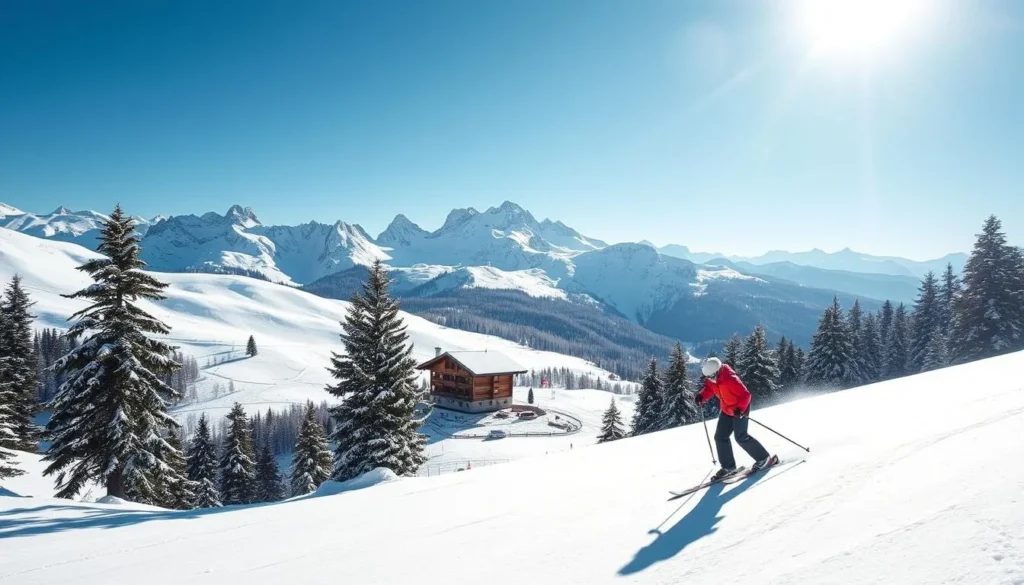 A snow-covered alpine landscape with a skier gliding gracefully down a groomed slope. Crisp, bright sunlight illuminates the scene, casting long shadows from the skier and surrounding pine trees. In the middle ground, a picturesque chalet stands nestled among the rolling hills, its warm wooden facade contrasting with the icy white surroundings. In the distance, majestic snow-capped peaks rise up, their jagged silhouettes cutting against the clear, azure sky. The overall mood is serene, peaceful, and quintessentially Swiss, capturing the beauty and tranquility of a winter wonderland.