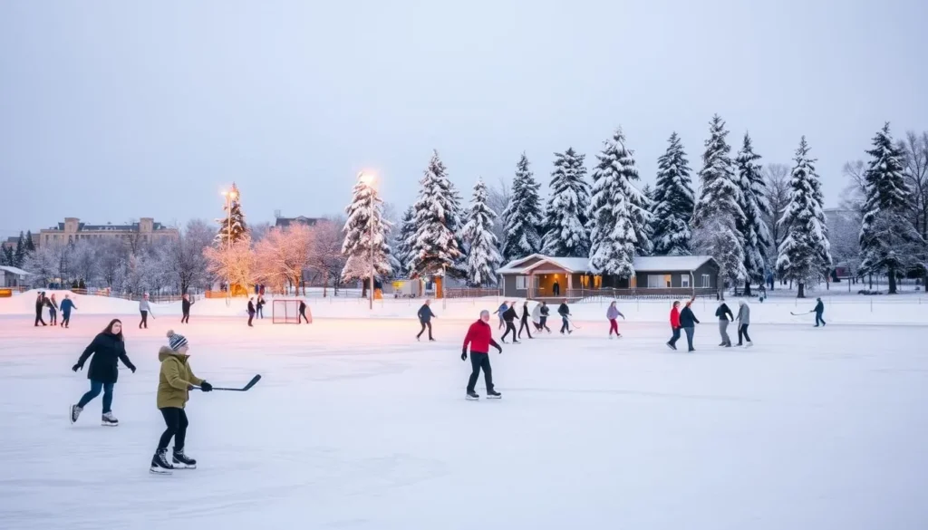 A snow-covered landscape in Winnipeg, Canada, during the winter season. In the foreground, people ice skating on a frozen lake, their movements graceful and effortless. In the middle ground, a group of friends engaged in a friendly game of hockey, their sticks and pucks creating a lively scene. In the background, a cluster of tall, snow-capped trees and buildings, bathed in a warm, golden light, creating a cozy and inviting atmosphere. The scene is captured with a wide-angle lens, allowing for a panoramic view of the winter wonderland. The overall mood is one of joy, wonder, and a celebration of the season.
