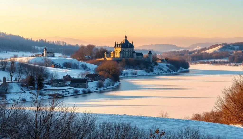A snow-covered landscape in the Loire Valley, France during the winter months. Rolling hills dotted with bare trees and quaint villages nestled along the winding river. In the foreground, a peaceful frozen lake reflects the soft, warm light of the setting sun, casting a golden glow across the scene. In the middle ground, a historic chateau stands tall, its turrets and stonework dusted with a light layer of fresh snow. The background is filled with the hazy, blue-tinged mountains, creating a serene and picturesque winter wonderland. Crisp, clear lighting and a wide-angle lens capture the tranquil, idyllic atmosphere of the Loire Valley in the colder seasons.