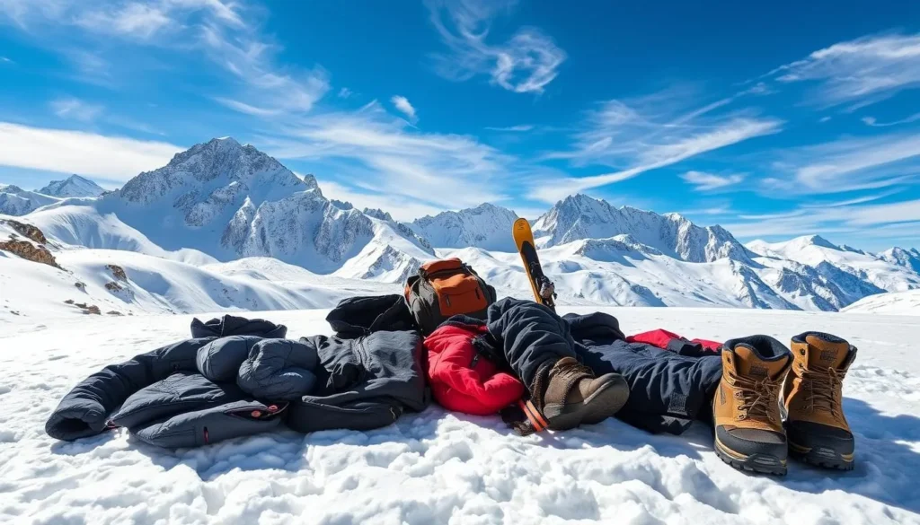 A snow-covered mountain range in Val-d'Isère, France, on a crisp, sunny day. In the foreground, a collection of high-quality, technical winter gear lays neatly arranged - insulated jackets, waterproof pants, thermal base layers, and sturdy hiking boots. The middle ground features a well-equipped backpack and a pair of skis propped against a rock. In the background, majestic peaks reach toward the sky, their jagged silhouettes framed by a brilliant blue sky dotted with wispy clouds. The scene conveys a sense of adventure, preparedness, and the natural beauty of the French Alps.
