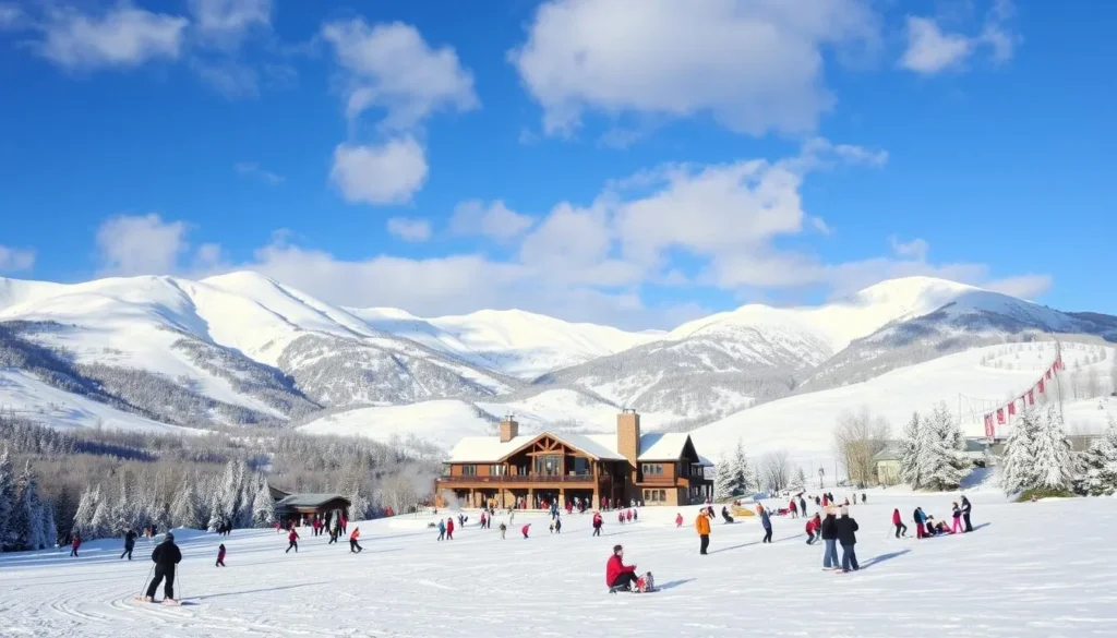 A snow-covered winter landscape in Taos Ski Valley, New Mexico. Crisp, clear blue sky with fluffy white clouds. Towering snow-capped peaks in the background. Skiers and snowboarders gliding down well-groomed slopes, carving turns through the pristine powder. In the foreground, people enjoying various winter activities like sledding, snowshoeing, and building snowmen. Warm, inviting lodge in the middle ground, with steam rising from its chimneys. Cozy atmosphere with families and friends gathering for hot cocoa and après-ski. Soft, diffused natural lighting illuminates the scene, creating a magical, serene ambiance.
