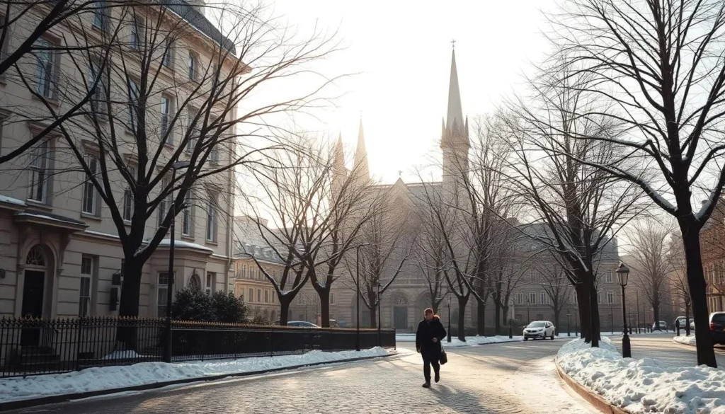 A snow-dusted Georgian townhouse facade, flanked by leafless trees, their branches casting intricate shadows across the cobblestone street. The sky is a soft, hazy gray, filtering warm light that illuminates the scene. In the foreground, a lone pedestrian strolls by, bundled up against the crisp winter chill, their breath visible in the air. In the distance, the iconic spires of Christ Church Cathedral loom, a timeless symbol of Dublin's heritage. The overall atmosphere is one of quiet contemplation, a serene respite from the bustling city.