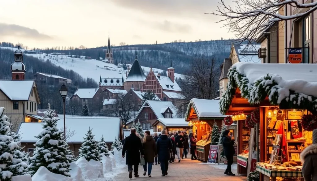 A snowy winter landscape in Alsace, France, featuring a charming Christmas market in the foreground. The scene is bathed in a warm, golden glow from the market stalls, creating a cozy and festive atmosphere. In the middle ground, a group of people browse the stalls, sipping mulled wine and admiring the handcrafted local goods. In the background, rolling hills blanketed in snow rise up, with a small village nestled among them, its steepled churches and half-timbered houses peeking through the trees. The overall composition evokes the enchanting winter wonderland of Alsace, perfectly capturing the essence of the "Winter in Alsace: Christmas Markets and Snowy Landscapes" section.
