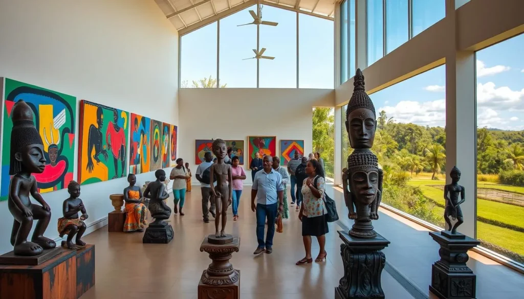 A spacious Congolese art gallery with high ceilings and large windows allowing natural light to flood the space. Vibrant abstract paintings in bold colors line the walls, creating a captivating visual display. In the foreground, intricately carved wooden sculptures and decorative masks sit atop ornate pedestals, showcasing the skilled craftsmanship of local artisans. In the middle ground, visitors browse the gallery, immersed in the rich cultural heritage portrayed through the diverse artwork. The background features a serene outdoor scene, with lush greenery and a clear blue sky, setting a peaceful, reflective atmosphere. The overall composition conveys a sense of artistic celebration and cultural immersion.