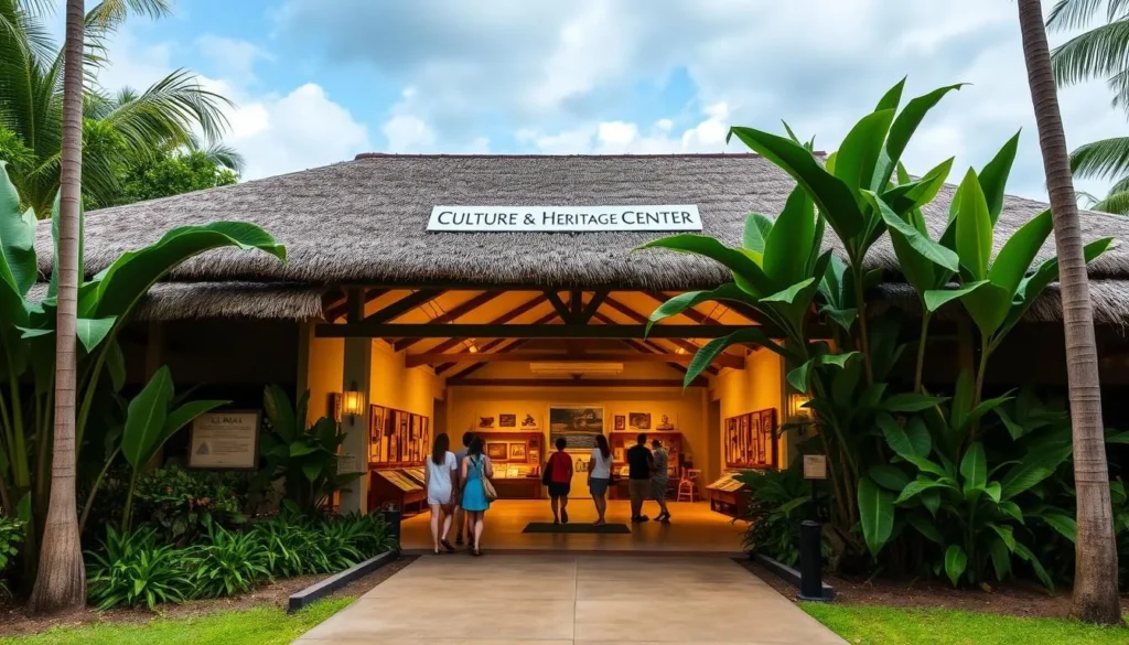 A spacious and inviting Lānaʻi Culture & Heritage Center with a thatched-roof exterior, surrounded by lush tropical foliage. The entrance features a welcoming pathway lined with native Hawaiian plants. Visitors are drawn towards the center's open-air exhibition space, showcasing traditional artifacts and cultural displays under warm, natural lighting. The atmosphere exudes a serene and educational ambiance, inviting guests to immerse themselves in the rich heritage of Lānaʻi.