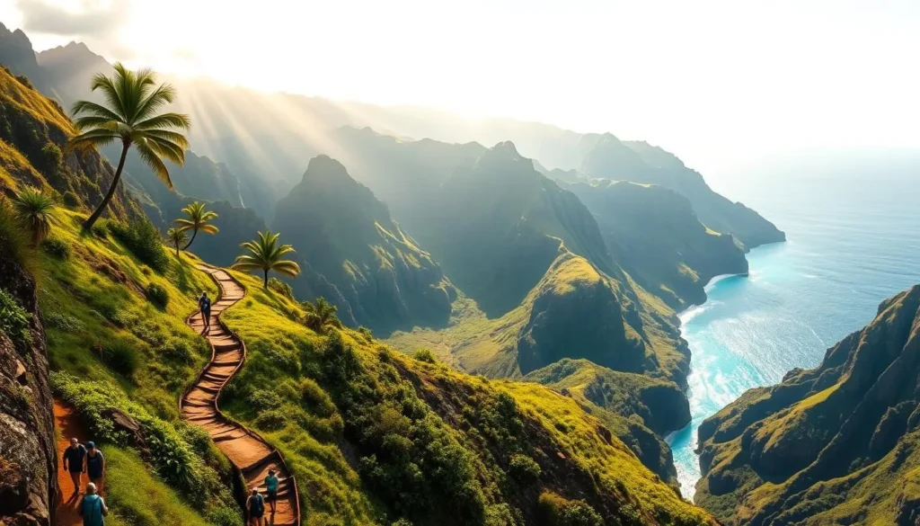 A spectacular, sun-dappled vista of the Kalalau Trail winding along the rugged cliffs of Kauai's Na Pali Coast. The trail snakes through lush, verdant valleys, with towering, jagged sea cliffs on one side and the shimmering azure ocean on the other. Hikers navigate the narrow path, with stunning vistas of distant waterfalls and verdant ridgelines in the background. Warm, golden sunlight filters through the swaying palm trees, casting a magical glow over the entire scene. Capture the breathtaking beauty and challenge of this iconic Hawaiian hike in a vibrant, realistic landscape.