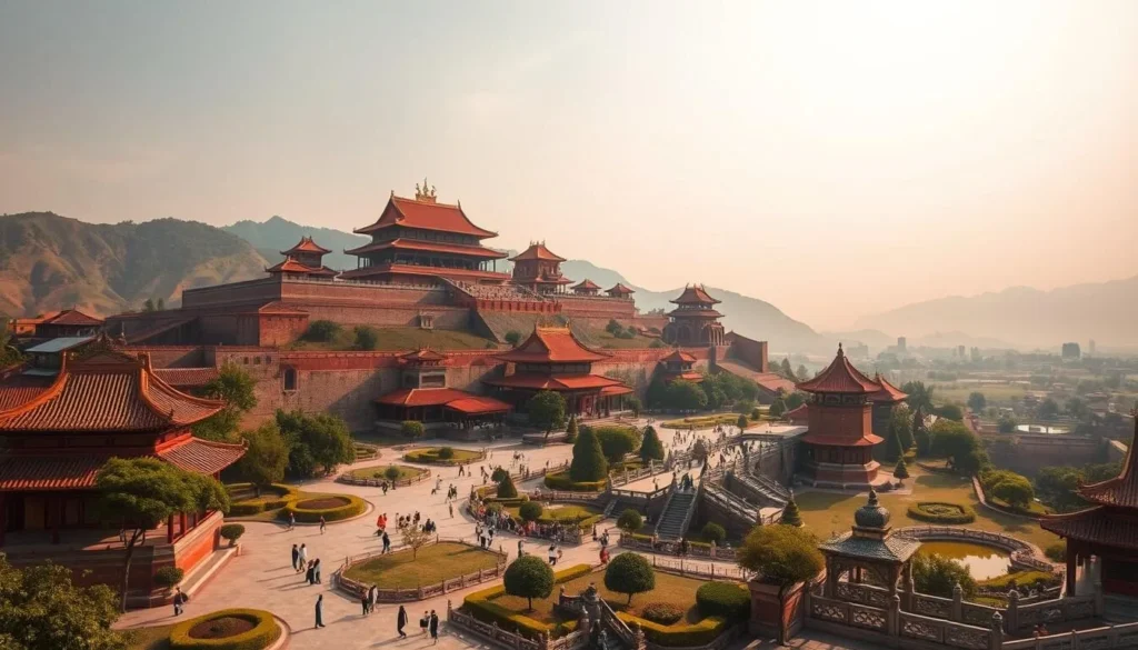 A sprawling ancient citadel sits majestically atop a gentle hillside, its ornate crimson-tiled roofs and towering pagodas gleaming in the warm afternoon sunlight. Lush gardens and tranquil ponds populate the grounds, framed by stately pavilions and intricate stone bridges. Visitors stroll leisurely, admiring the exquisite architecture and rich history embodied in this revered imperial capital. Warm hues of ochre, sienna, and jade create a serene, timeless atmosphere, transporting the viewer to the heart of Vietnam's dynastic past. A wide-angle lens captures the grandeur and scale of this magnificent UNESCO World Heritage site, showcasing its enduring beauty and cultural significance.