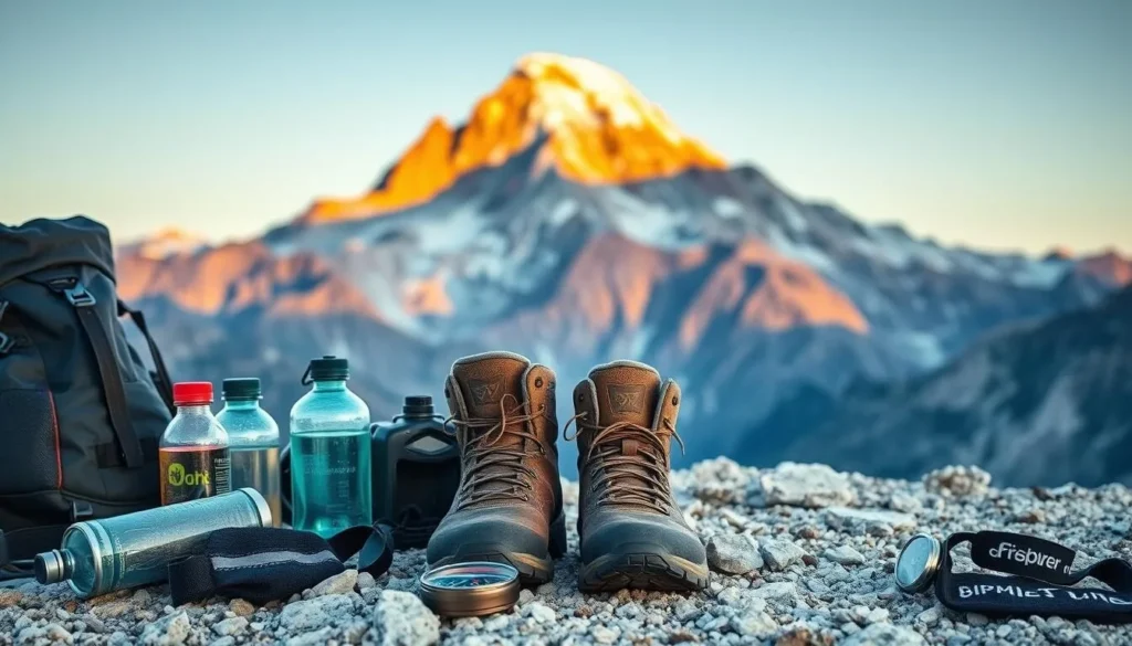 A sprawling arrangement of premium hiking gear, expertly laid out against the backdrop of Mount Whitney's majestic peaks. In the foreground, a sturdy backpack, water bottles, and a compass, hinting at the rugged journey ahead. Mid-frame, a pair of well-worn hiking boots, glistening with morning dew, stand ready to conquer the trails. In the distance, the iconic granite monolith rises majestically, its snow-capped summit bathed in warm, golden light, setting the scene for an unforgettable adventure. Conveying a sense of preparedness and anticipation, this image captures the essential gear needed to tackle the renowned Mount Whitney Range in California.