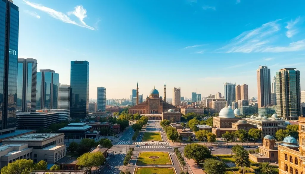 A sprawling cityscape of Tashkent, the modern capital of Uzbekistan. Towering skyscrapers and sleek high-rises stand tall, their reflective glass facades glinting in the warm sunlight. Bustling streets teem with locals and visitors, weaving between traditional low-rise buildings and lush green parks. In the distance, the iconic Hazrat Imam Complex, with its ornate blue-tiled domes, stands as a testament to the city's rich cultural heritage. A clear sky overhead, with a few wispy clouds drifting by, lends an air of tranquility to the vibrant urban scene. The perspective captures the dynamic blend of old and new, showcasing Tashkent's transformation into a thriving, cosmopolitan destination.