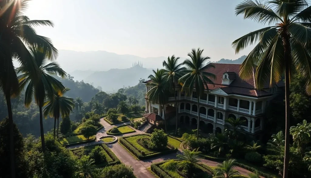 A sprawling colonial-era resort nestled amidst the lush, verdant hills of Bokor National Park, Cambodia. The Bokor Hill Station stands as a testament to the region's storied past, its grand Art Deco architecture casting long shadows across the misty landscape. Sunlight filters through the towering palm trees, illuminating the crumbling facades and overgrown pathways that beg to be explored. In the distance, the silhouette of the iconic Bokor Palace Hotel rises majestically, its elegant spires piercing the hazy sky. Capture the eerie, abandoned atmosphere of this once-thriving mountain retreat, a captivating relic of a bygone era.